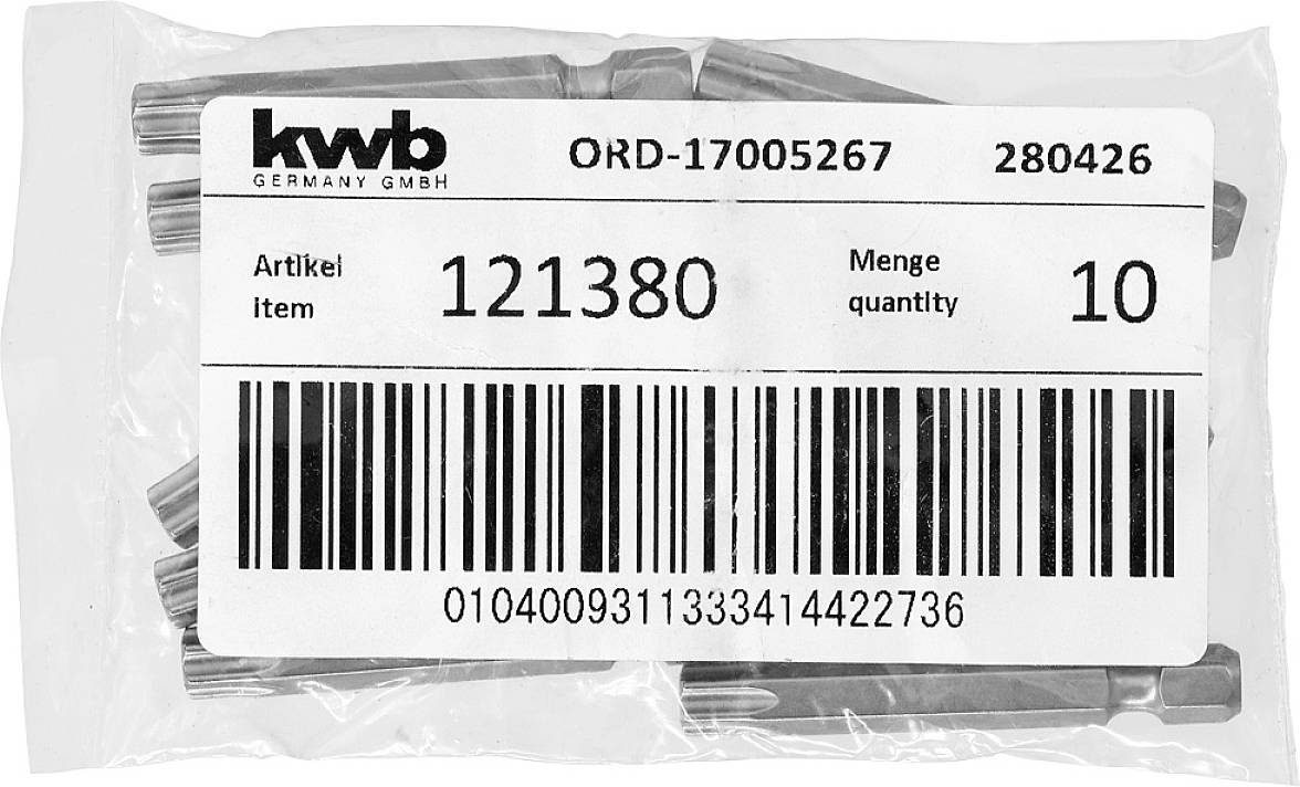 Ein transparent verpacktes Set mit Metallstiften von 'kwb Germany GmbH', Artikelnummer 121380, Menge: 10, mit Barcode darunter.