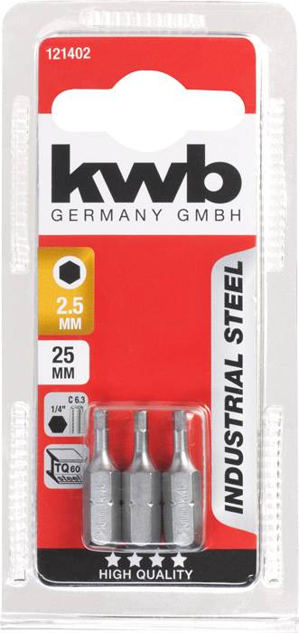 'Kwb Germany GmbH'-Verpackung mit drei Bits, geeignet für 2,5 mm Sechskantschrauben, 25 mm Länge, aus Industriestahl, hohe Qualität.