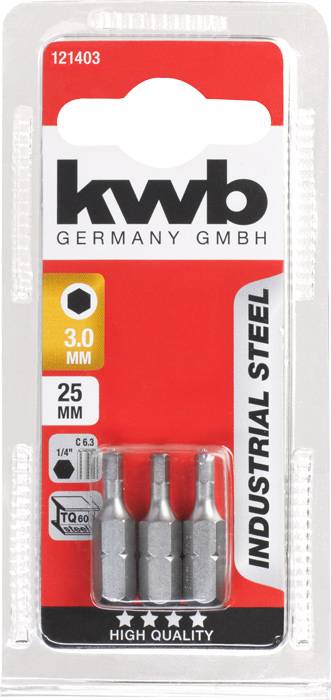 Drei Sechskant-Bits 3,0 mm, 25 mm Länge, aus industriellem Stahl. Verpackung enthält Angaben zu Hersteller KWB und Produktnummer 121403.