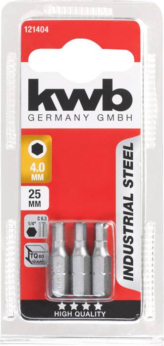 Verpackung mit drei Stahl-Schraubendreherbits, 4,0 mm, 25 mm lang, in Silber. Marke: 'kwb Germany GmbH', für industriellen Einsatz.
