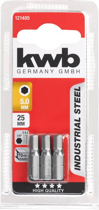 Drei industrieller Stahl-Schraubenköpfe, 5 mm, 25 mm lang, verpackt, Marke KWB Germany GmbH, hochwertige Qualität.
