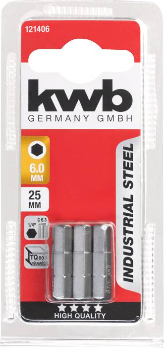 Verpackung mit Markenname 'kwb Germany GmbH', enthält vier Bohrer aus Stahl, Größe 6,0 mm und 25 mm Länge, 'Industrial Steel', 'High Quality'.