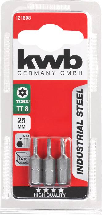 Verpackung mit drei TORX-Bits der Größe T8, 25 mm Länge von 'kwb Germany GmbH', aus Industrie-Stahl, bewertet als 'High Quality'.