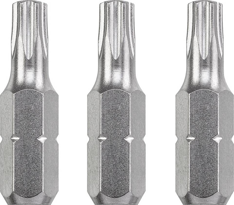 Drei silberne Schraubendrehereinsätze mit Torx-Spitze, in einer Reihe angeordnet, gleichmäßig beleuchtet vor einem weißen Hintergrund.