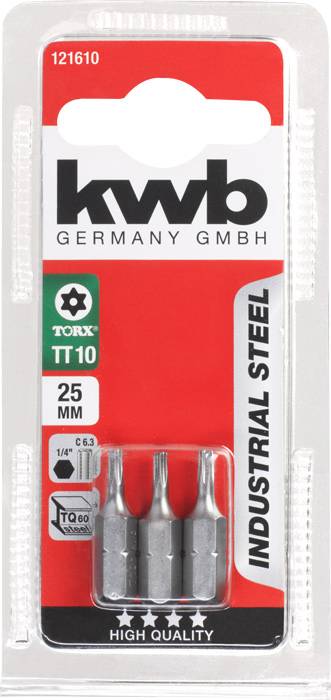Drei Torx-Bits der Größe T10, 25 mm lang, von der Marke kwb. Verpackung betont 'INDUSTRIAL STEEL' und 'HIGH QUALITY'.