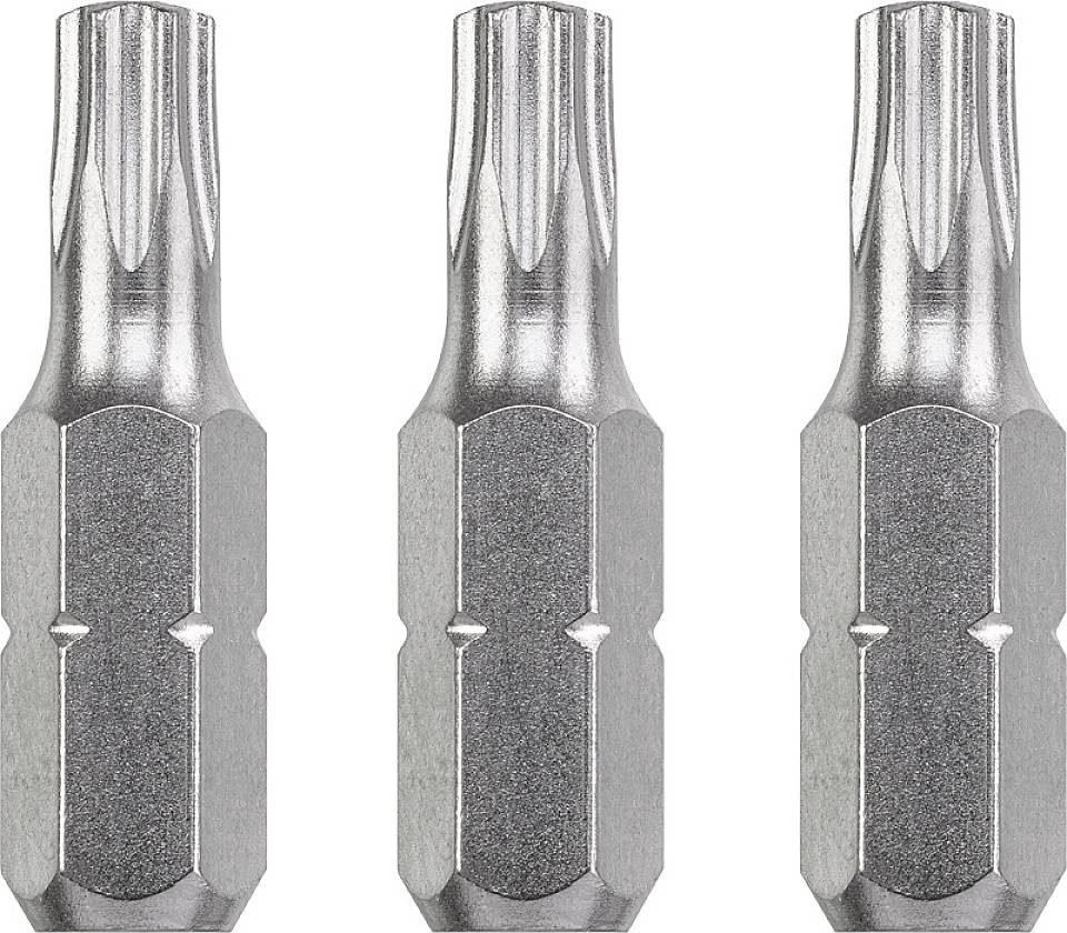 Drei metallische Schraubendrehereinsätze mit sechskantigen Schäften und sternförmigen Spitzen in einer Reihe auf weißem Hintergrund.