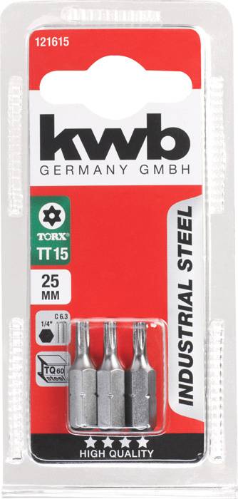 Verpackung mit drei Torx-Bits der Größe T15, 25mm, von 'kwb GERMANY GMBH'. Aufschrift: 'Industrial Steel', 'High Quality'.