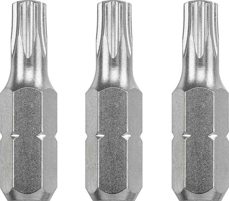 Drei silberne Torx-Bit-Aufsätze in einer Reihe, geeignet für Schraubendreher.