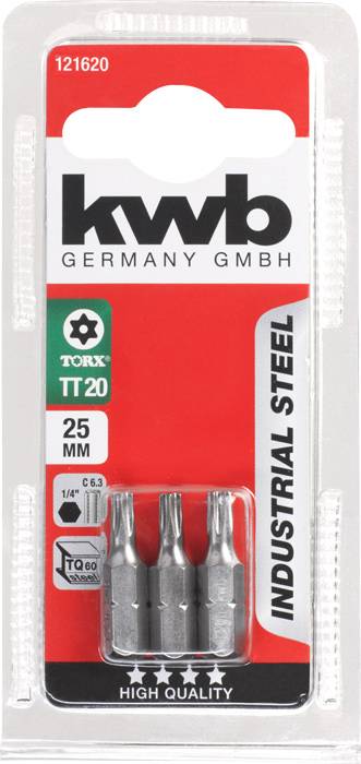 Dreierpack Torx-Bits TT20, 25 mm von kwb Germany, aus industriellem Stahl. Geeignet für Schraubendreher mit 1/4 Zoll Aufnahme.