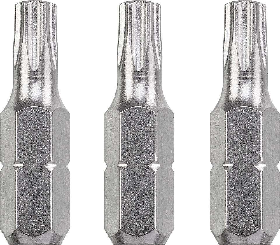 Drei TORX-Schraubendreher-Bits aus Metall, nebeneinander angeordnet.