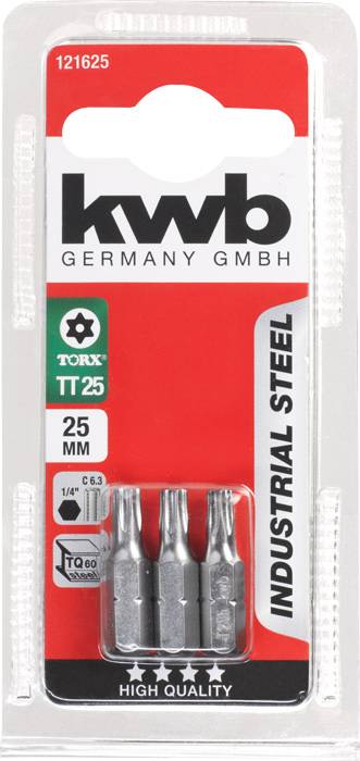 'Drei Torx-Bits mit T25 Größe, 25 mm Länge. Verpackung zeigt Label 