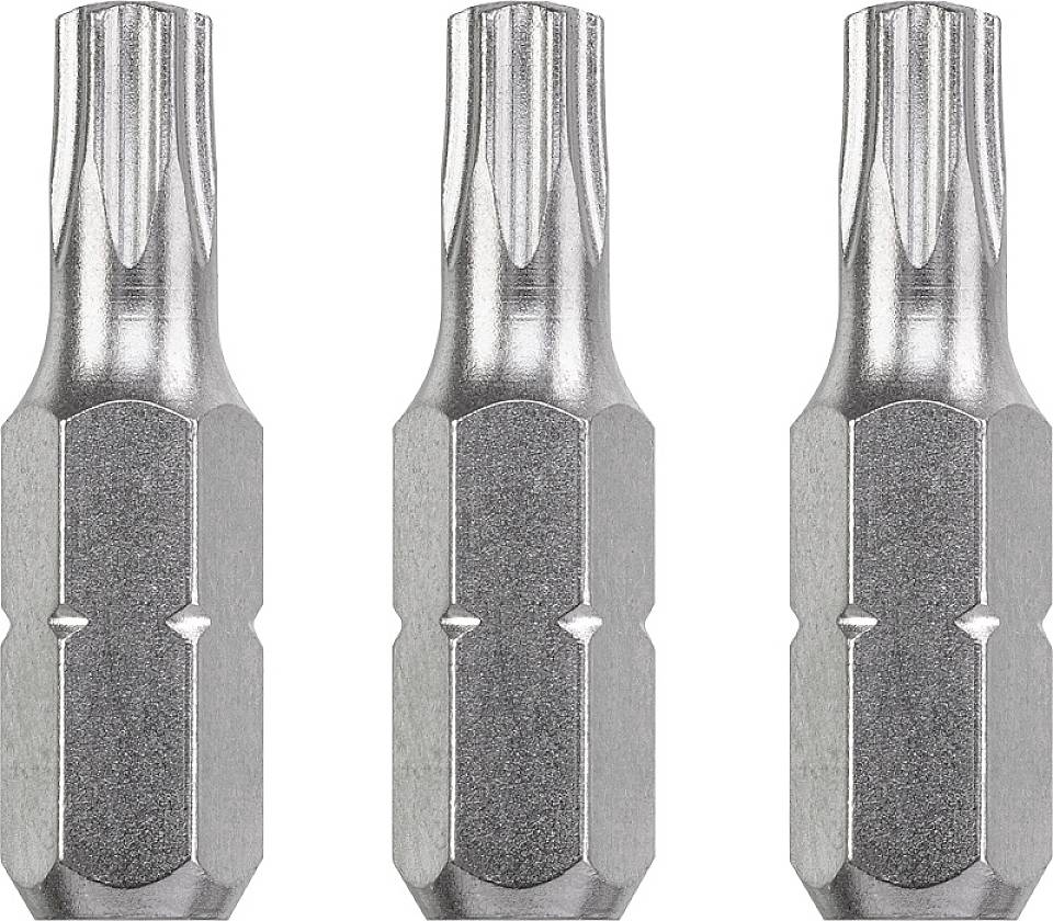 Drei silberne Torx-Bits in einer Reihe, jedes mit sechs Kanten und Sternform, vor einem neutralen Hintergrund.