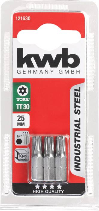Drei Torx-Schraubendreheraufsätze der Größe TT30 aus Industrienstahl, 25 mm, auf einer rot-weißen Verpackung von kwb.