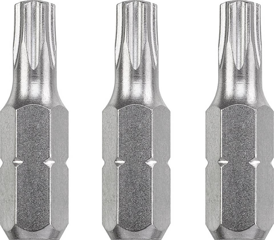 Drei silberne Bit-Einsätze in einer Reihe, jeweils mit Torx-Kopf. Sie werden für Schraubarbeiten verwendet.
