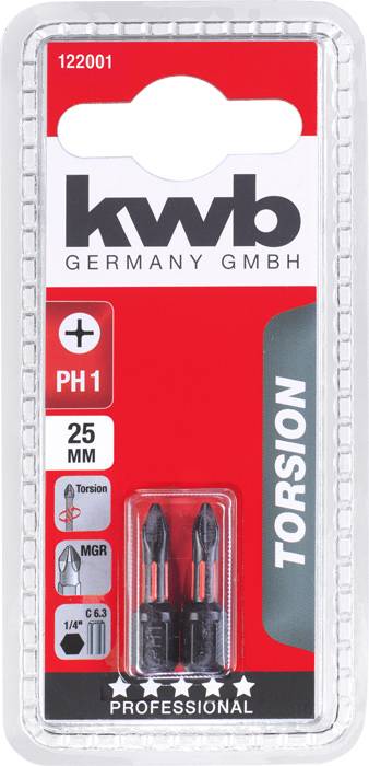 Verpackung mit zwei PH1-Bits, 25 mm Länge, Marke kwb. Beschriftung: TORSION, GERMANY GMBH. Professionelle Qualität, Schraubendreher-Zubehör.