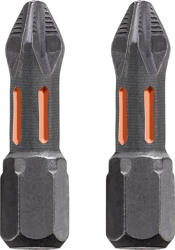Zwei schwarze Schraubendrehereinsätze mit orangenen Details. Sie haben eine Kreuzform und sind robust gestaltet für den Einsatz mit Bohrmaschinen.