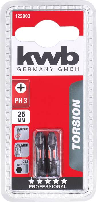 'Verpackung für kwb Torsions-Bits PH3, 25 mm, 2 Stück. Aufdruck: Germany GmbH, Professional, Symbole für Torsion und Größe 1/4