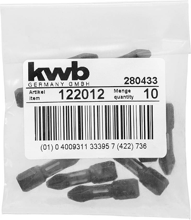 Eine Plastiktüte mit zehn Bohrbits und einem Etikett mit der Aufschrift: 'kwb GERMANY GMBH, Artikelnummer 122012, Menge 10'.