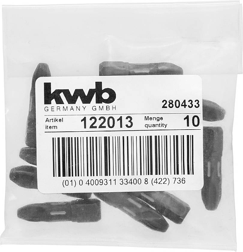 Kunststoffbeutel mit schwarzem Inhalt, etikettiert mit 'kwb GERMANY GmbH', Artikelnummer 122013, Menge 10, Barcode unten.