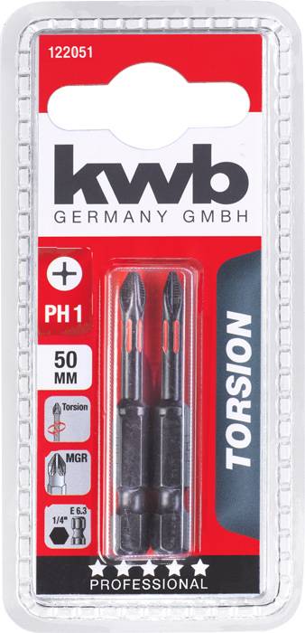 Verpackung mit zwei Schraubendreher-Bits der Marke 'kwb', Größe PH1, 50 mm lang, Torsions- und Magnetfunktion, für professionelle Nutzung.
