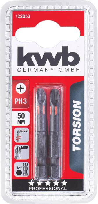 'kwb Germany GmbH' Verpackung mit zwei PH 3 Schraubendreher-Bits, 50 mm lang. Verpackung betont Qualität und Torsionsfunktion.