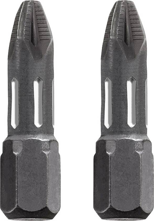 Zwei schwarze Kreuzschlitz-Bits aus Metall, nebeneinander.