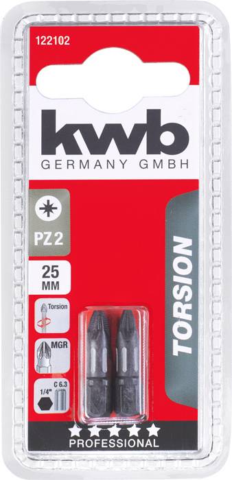'Kwb Germany GmbH' Verpackung enthält zwei Torsionsbits PZ2, 25 mm, professionelle Qualität. EAN 4009311221023.