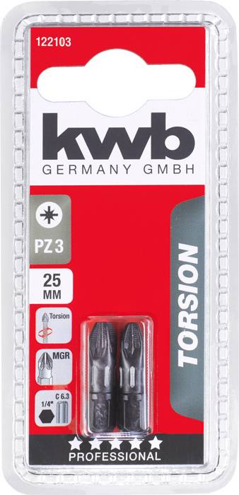 Verpackung mit zwei 25 mm PZ3-Bits der Marke 'kwb Germany GmbH', geeignet für Torx-Schrauben, unter der gesamten Produktlinie 'Torsion'.