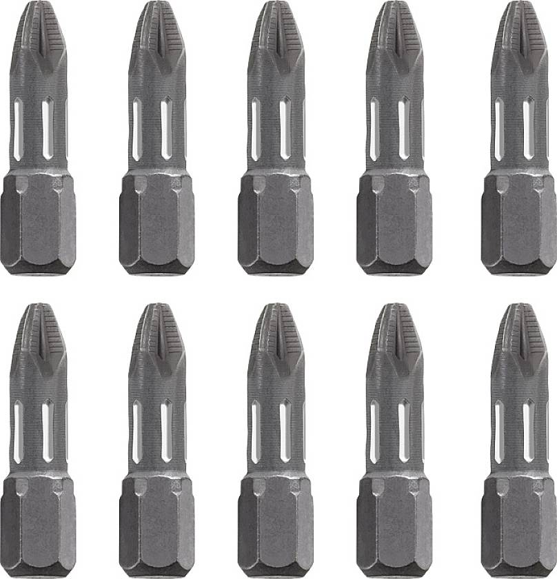 Zehn Schraubendrehereinsätze aus Metall, gleichmäßig in zwei Reihen angeordnet, für verschiedene Schraubenkopfarten geeignet.