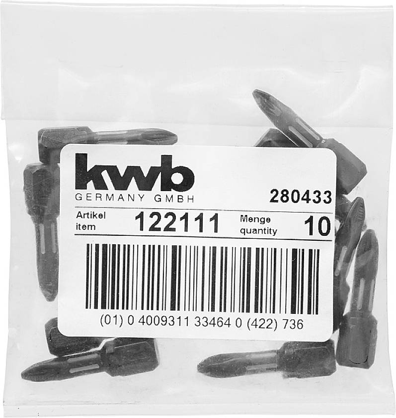 Kleine Plastikbeutel mit der Aufschrift 'kwb GERMANY GMBH'. Enthält 10 schwarze Kunststoffdübel. Artikelnummer: 122111.