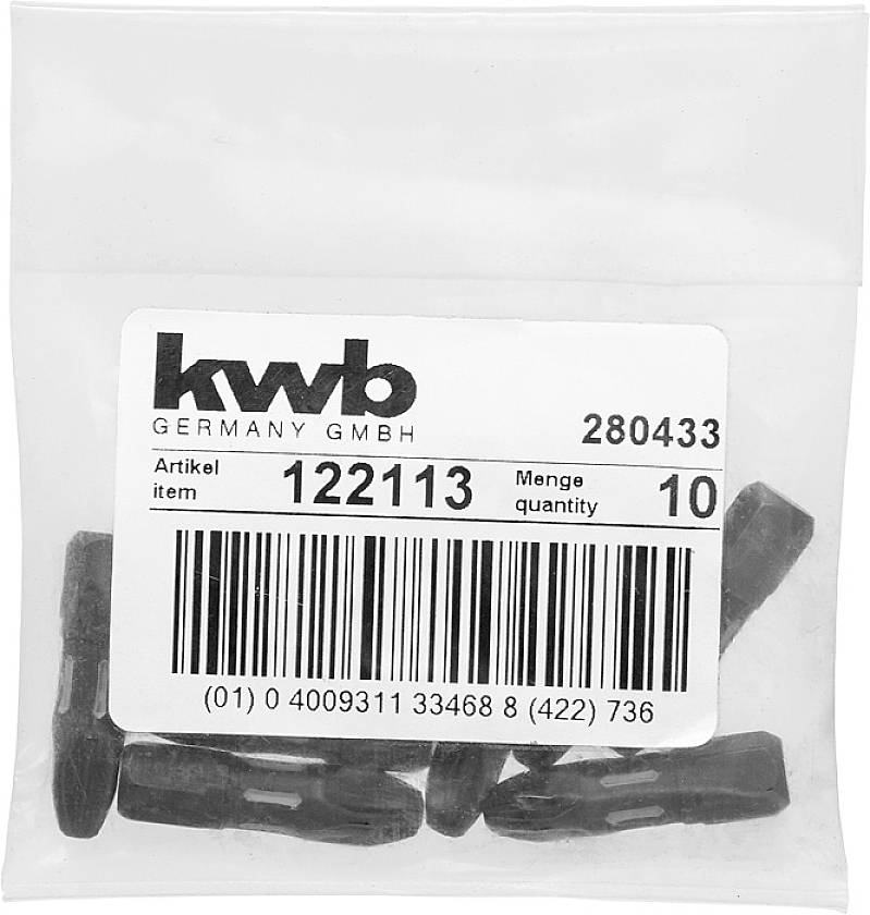 Kunststoffverpackung mit Barcode-Etikett der Firma 'kwb'. Artikelnummer: 122113, Menge: 10 Stück. Enthält schwarze Dübel.