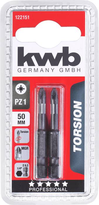 Verpackung mit zwei schwarzen PZ1-Torsions-Bits, 50 mm, Marke KWB Germany GmbH. Eignung für Profi-Werkzeuge angezeigt.