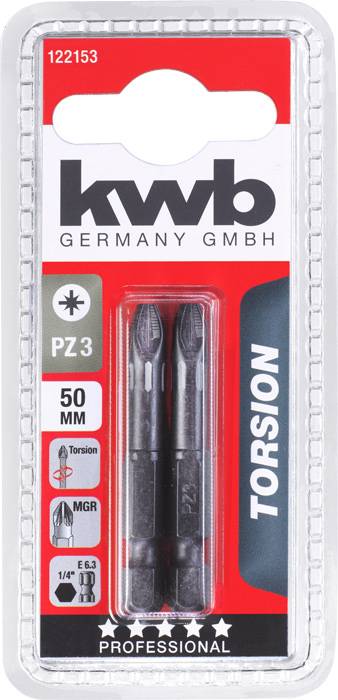kwb Torsion Schrauberbit PZ3, 50 mm Länge, Packung mit zwei Bits, geeignet für professionelle Anwendungen.