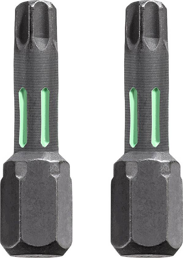 Zwei schwarze, metallische Bohrerbits mit grünen Akzenten, nebeneinander stehend.