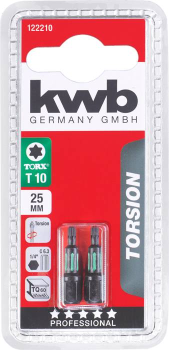 Verpackung mit zwei TORX T10 Bits, 25 mm lang, hergestellt von 'kwb Germany GmbH'. Geeignet für professionelle Anwendungen.