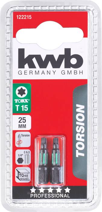 Verpackung von kwb Germany GmbH, enthält zwei TORX T15 Bits, 25 mm lang. Geeignet für professionelle Anwendungen. TORSION Technik.