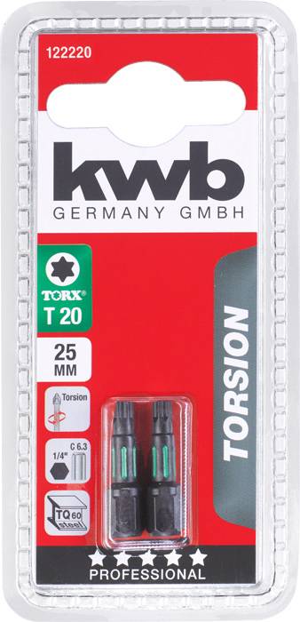 Verpackung mit zwei Torx T20 Bits von 'kwb Germany GmbH', 25 mm, Torsion, für professionelle Verwendung.