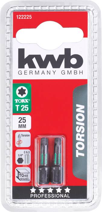 Zwei 25 mm TORX T25 Bits von 'kwb Germany GmbH' in einer Verpackung, geeignet für Torsionseinsätze. Enthält Informationen zu Größe und Kompatibilität.