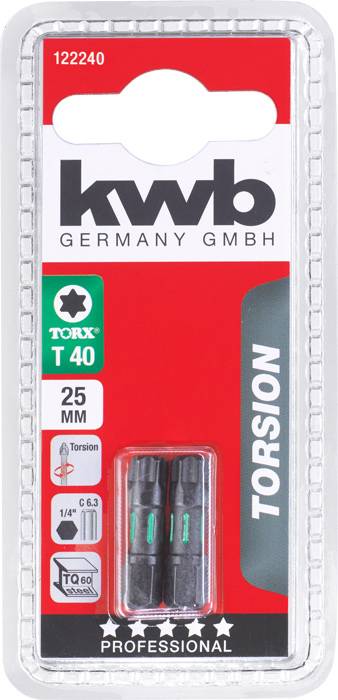 Verpackung mit zwei TORX T40 Bits, 25 mm lang, von 'kwb Germany GmbH'. Geeignet für professionelle Anwendungen, Torsionsverstärkt.