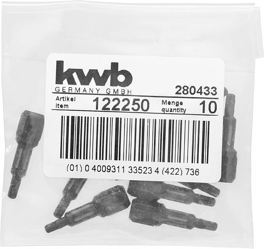 Plastiktüte mit zehn kleinen schwarzen Werkzeugaufsätzen von 'kwb Germany GmbH'. Artikelnummer: 122250.