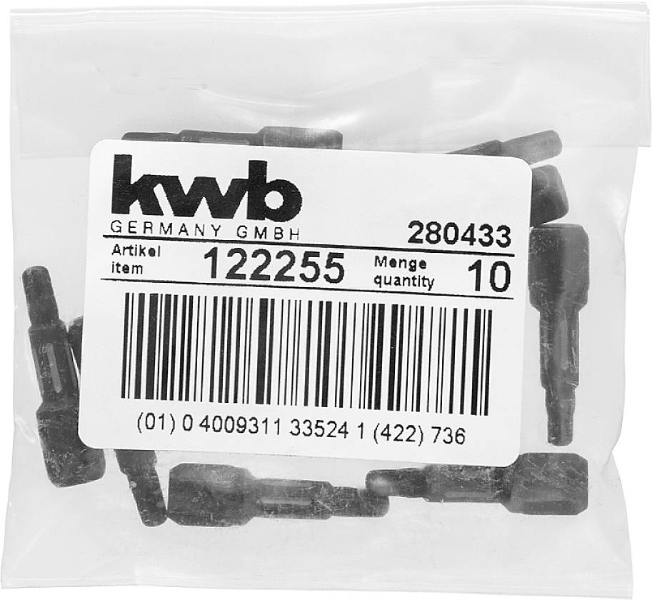 Kunststoffbeutel mit zehn schwarzen Schraubaufsätzen. Barcode und Artikelnummer '122255' sichtbar auf dem Etikett.