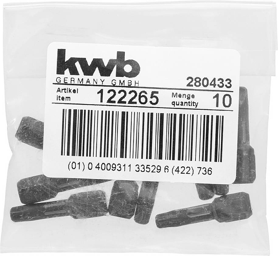 Ein Plastikbeutel mit zehn schwarzen Metallteilen und einem Etikett mit der Aufschrift: 'kwb GERMANY GMBH', Artikelnummer 122265.
