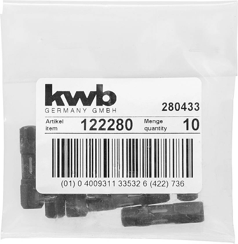 Eine Plastiktüte mit der Aufschrift 'kwb Germany GmbH', Artikelnummer '122280', und Menge '10'. Enthält schwarze Schrauben.