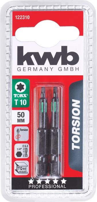 Verpackung mit zwei 50 mm T10-Torx-Bits von KWB, geeignet für Torsionsanwendungen. Enthält Logos für Spannung und Professionalität.