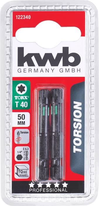 Verpackung von drei Torx T 40 Bits der Marke KWB, 50 mm Länge, für Schraubarbeiten.