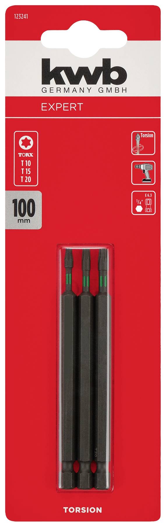 Drei schwarze Torsions-Bits, 100 mm, von kwb Germany GmbH, geeignet für PH2-Schrauben. Expert-Serie, Verpackung in rot und weiß.