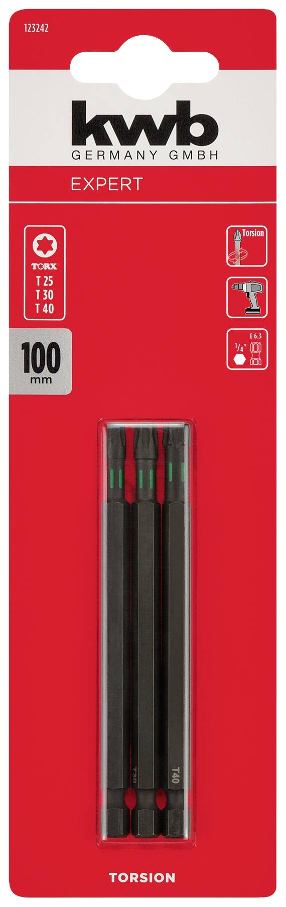 Verpackung mit drei KWB Torsions-Bits, Länge 100 mm, geeignet für T25/T30/T40 Schrauben. Markierung 'EXPERT', rot-weißer Hintergrund.