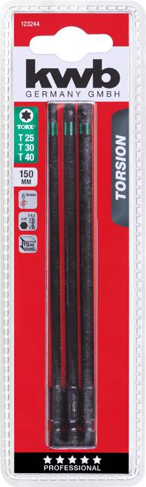 Drei Torsions-Bits von kwb für Torx-Schrauben in Größen T25, T30, T40, Länge 150 mm, verpackt in roter und transparenter Kunststoffhülle.