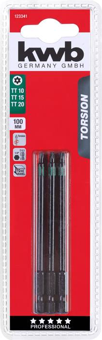 'kwb Germany GMBH' Schrauberbits, 3 Stück, Größen: TT 10, TT 15, TT 20. Verpackung in Rot. 'Professional' Qualität mit Torsion.