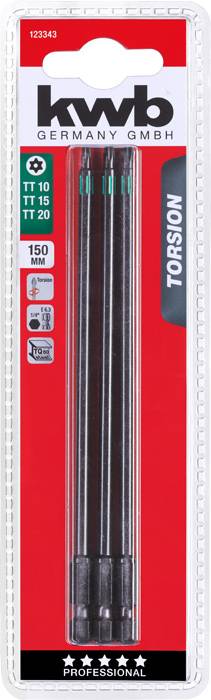 Drei schwarze Torsionsbits 'TT 10', 'TT 15', 'TT 20' von kwb Germany GmbH in einer Blisterverpackung, 150 mm Länge, mit rotem Hintergrund.